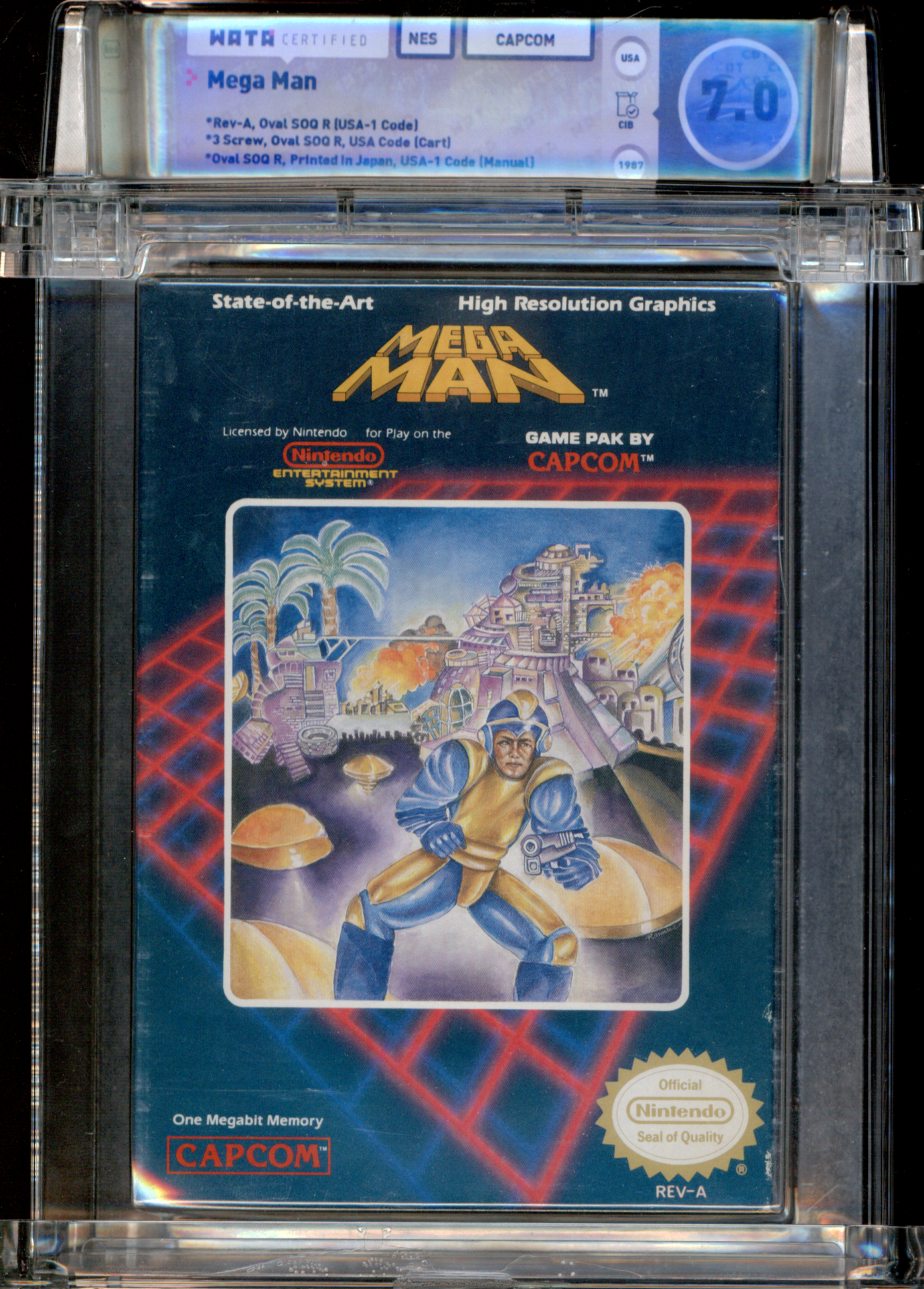 Buy Mega Man | NES Capcom  | 1987 WATA Certified | *Rev-A, Oval SOQ R (USA-1 Code) | *3 Screw, Oval SOQ R, Usa Code (Cart) | *Oval SOQ R, Printed in Japan, USA-1 Code (Manual) | BOX 7.5 | MANUAL 7.5 | CART 6.5 | OVERALL 7.0 | *First game in the 