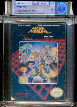 Buy Mega Man | NES Capcom  | 1987 WATA Certified | *Rev-A, Oval SOQ R (USA-1 Code) | *3 Screw, Oval SOQ R, Usa Code (Cart) | *Oval SOQ R, Printed in Japan, USA-1 Code (Manual) | BOX 7.5 | MANUAL 7.5 | CART 6.5 | OVERALL 7.0 | *First game in the "Mega Man" Series | WATA 7.0