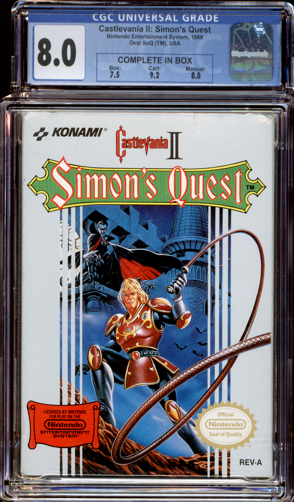 Buy Castlevania II | Simon's Quest | NES | 1989 | Oval SoQ (TM), USA | Box: 7.5 | Cart 9,2 | Manual 8.0 | CGC 8.0