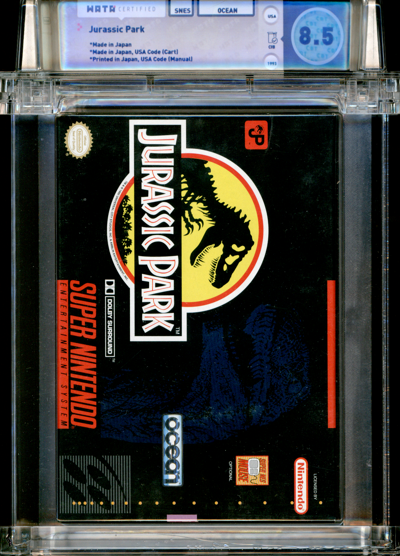 Buy Jurassic Park | SNES | WATA 8.5 | Jurassic Park | Made in Japan, USA Code (Cart) | Printed in Japan, USA Code (Manual) | BOX: 8.5 | CART 8.5 | MANUAL 8.0 | OVERALL 8.5 | Based on the 1993 Movie | Cover Artist: Chip Kidd