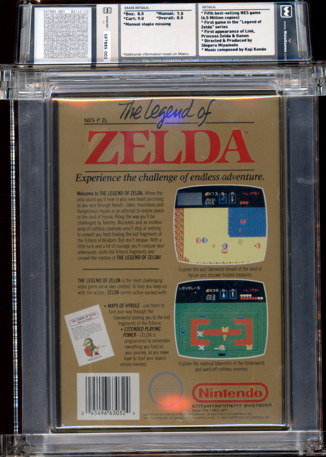 Buy the Legend of Zelda | NES | WATA 8.0 | 1987 The Legend of Zelda | Made in Japan | Rev-A -Round SOQ | Matching components | BOX: 8.0 | CART: 9.0 | MANUAL: 7.0 | OVERALL 8.0 | *Manual Staple Missing | Fifth Best-selling NES game (6.5 million copies) | First game in the 