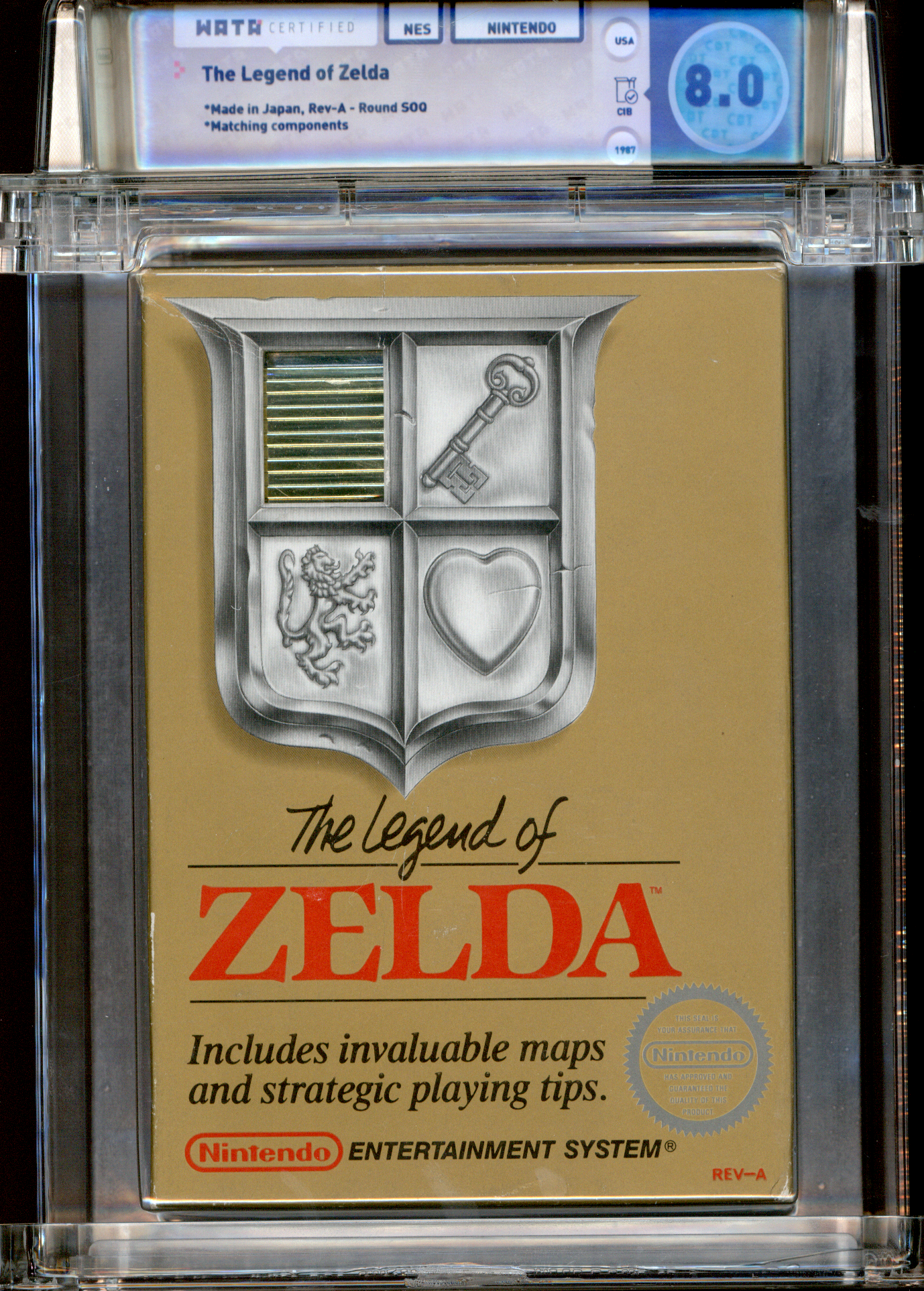 Buy the Legend of Zelda | NES | WATA 8.0 | 1987 The Legend of Zelda | Made in Japan | Rev-A -Round SOQ | Matching components | BOX: 8.0 | CART: 9.0 | MANUAL: 7.0 | OVERALL 8.0 | *Manual Staple Missing | Fifth Best-selling NES game (6.5 million copies) | First game in the "Legend of Zelda" series | First appearance of Link, Zelda, & Ganon | Directed by Shigeru Miyamoto | Music composed by Koji Kondo