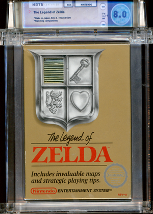 Buy the Legend of Zelda | NES | WATA 8.0 | 1987 The Legend of Zelda | Made in Japan | Rev-A -Round SOQ | Matching components | BOX: 8.0 | CART: 9.0 | MANUAL: 7.0 | OVERALL 8.0 | *Manual Staple Missing | Fifth Best-selling NES game (6.5 million copies) | First game in the "Legend of Zelda" series | First appearance of Link, Zelda, & Ganon | Directed by Shigeru Miyamoto | Music composed by Koji Kondo