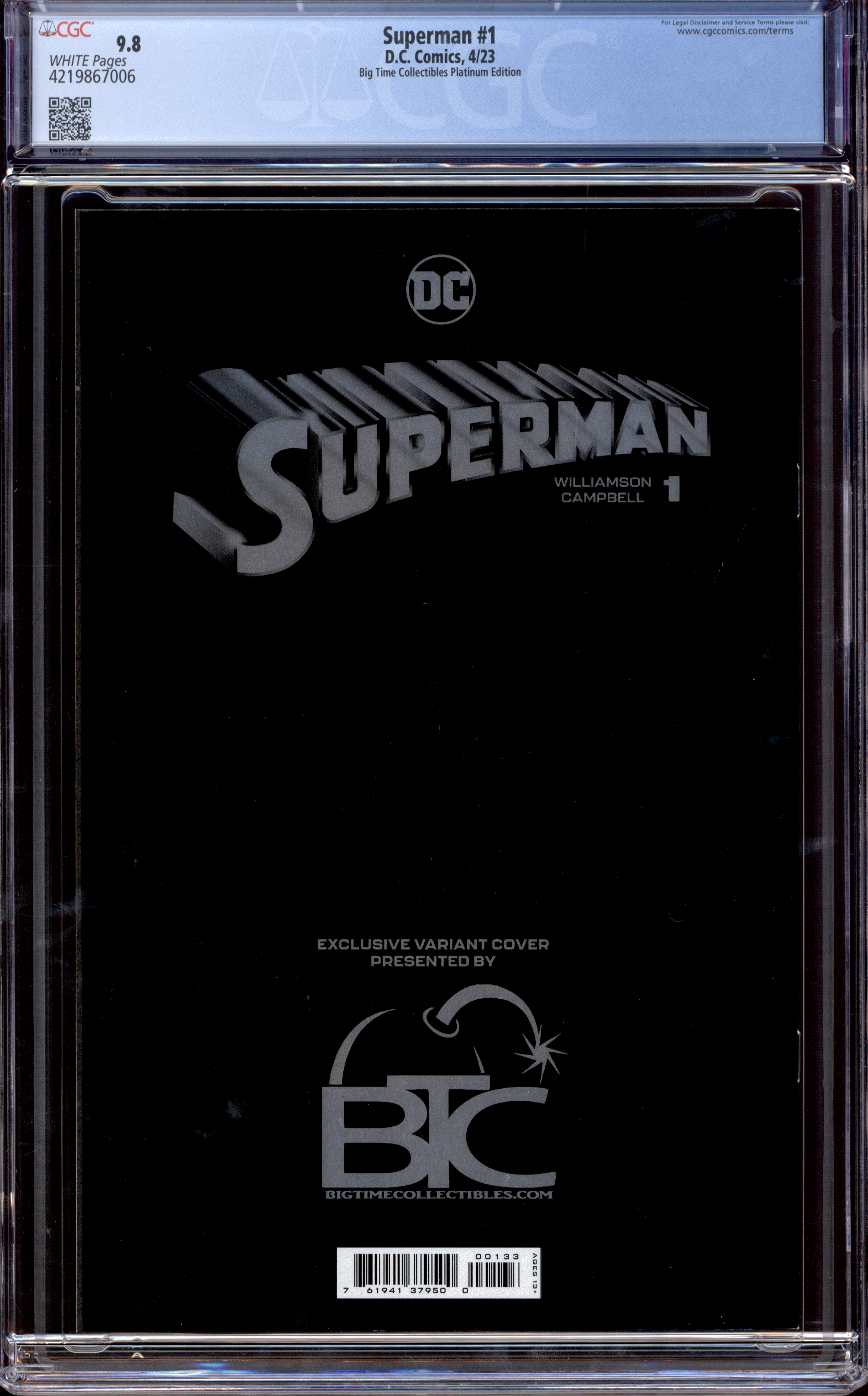 Buy Superman #1 | BTC Platinum Edition | 2023 D.C Comics | Big Time Collectibles Platinum Edition | Jamal Campbell | CGC 9.8