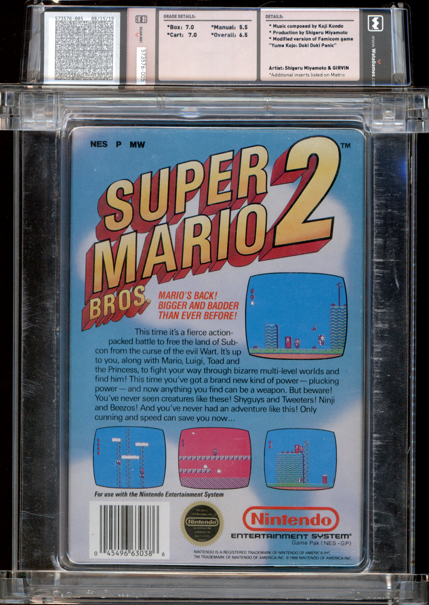 Buy Super Mario Bros. 2 Mario Madness | NES | 1988 WATA Certified | Nintendo NES | *Rev-A, Round SOQ, Small Warranty | *3 Screw, Oval SOQ TM [Cart] | *Round SOQ, Printed in Japan, USA Code [Manual] | BOX 7.0 | MANUAL 5.5 | CART 7.0 | OVERALL 6.5 | WATA 6.5