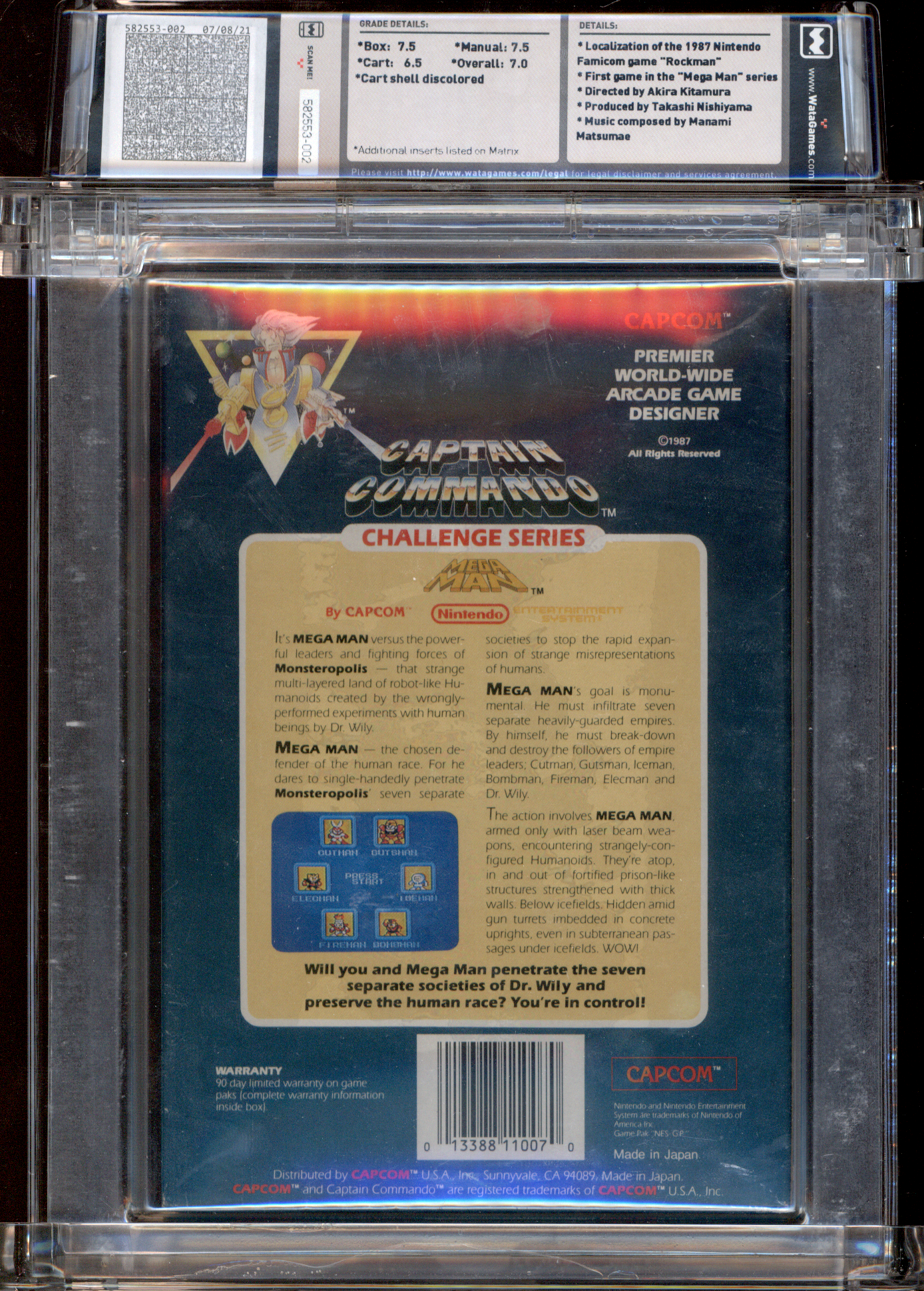 Buy Mega Man | NES Capcom | 1987 WATA Certified | *Rev-A, Oval SOQ R (USA-1 Code) | *3 Screw, Oval SOQ R, Usa Code (Cart) | *Oval SOQ R, Printed in Japan, USA-1 Code (Manual) | BOX 7.5 | MANUAL 7.5 | CART 6.5 | OVERALL 7.0 | *First game in the 