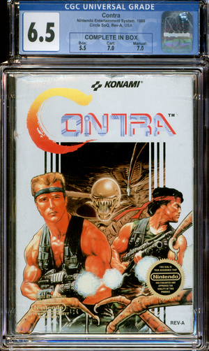 Buy Contra | NES | 6.5 CGC | 1988 Nintendo Entertainment System | Circle SoQ, Rev-A, USA | COMPLETE IN BOX | BOX 5.5 | CART 7.0 | MANUAL 7.0 | CGC 6.5